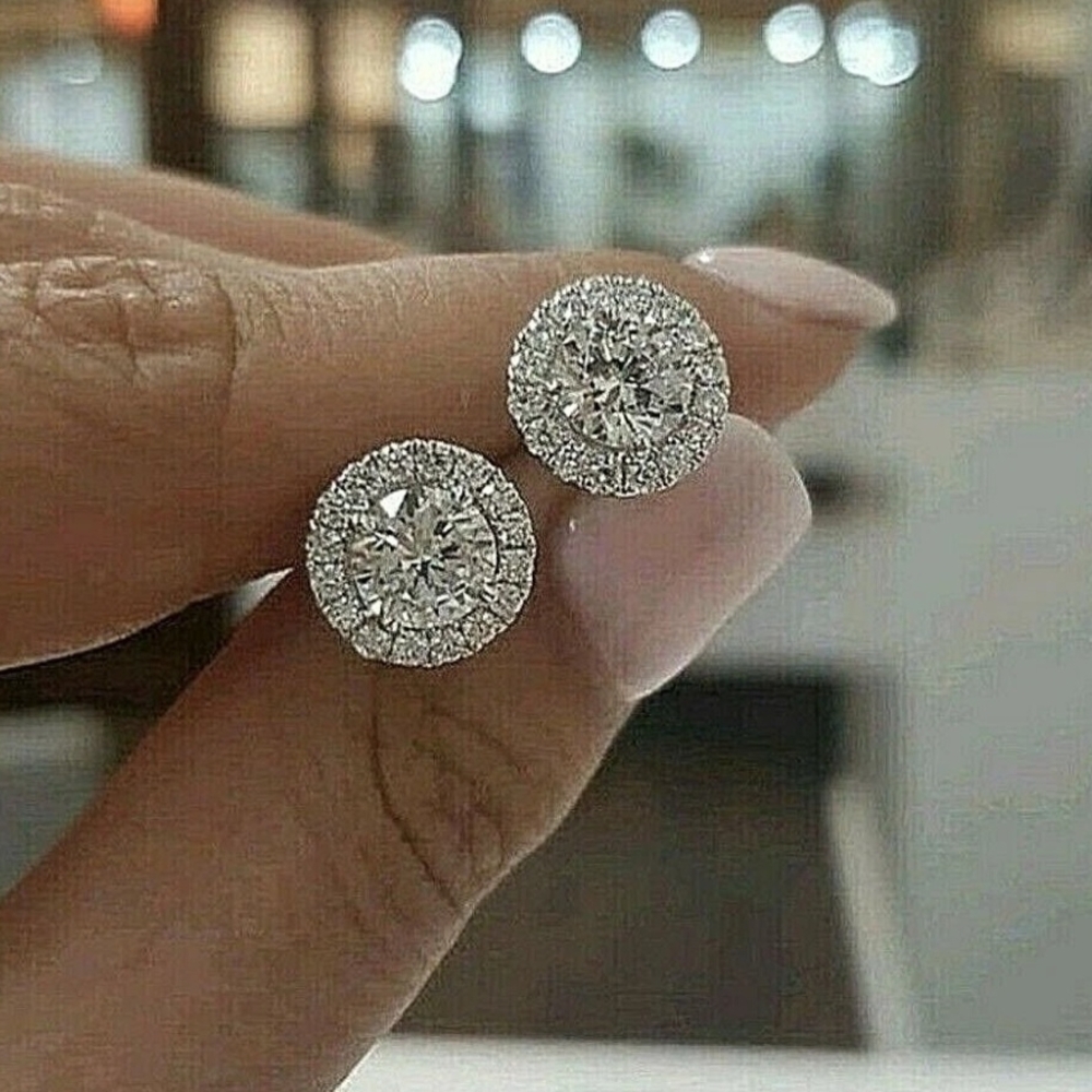 4 Ct Moissanite 14k White Gold Double Halo Stud Earrings Nwt (NOT GOLD PLATED!)